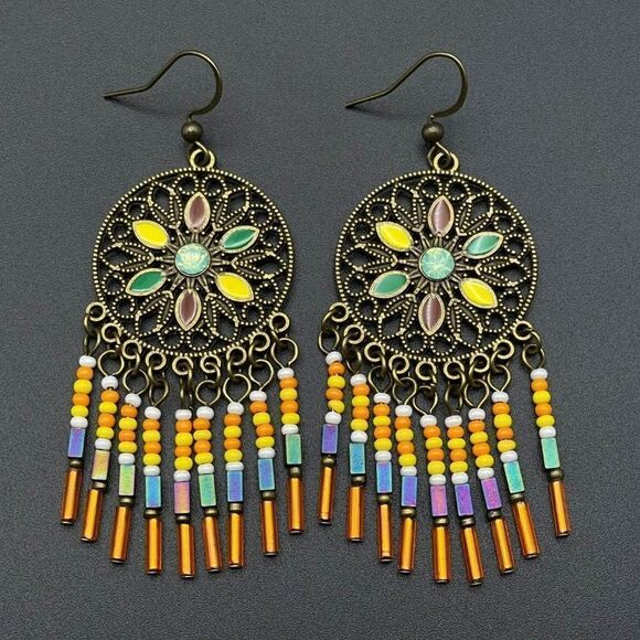 Copper with Green Opal Crystal Enamel Beaded Boho Dream Catcher Hook Earrings - Picture 2 of 9